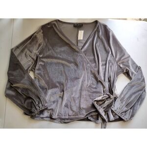 Lane Bryant Womens Plus Size Wrap Top Silver Velvet Ribbed Long Sleeve Tie Front